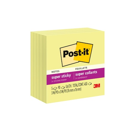 Post-It Canary Yellow Note Pads, 3 x 3, 90-Sheet, PK5 654-5SSCY